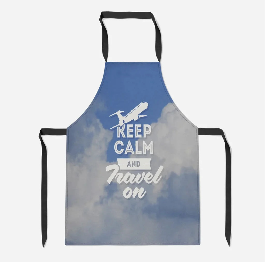 Keep Calm and Travel On aviation design on durable cotton blend kitchen apron.