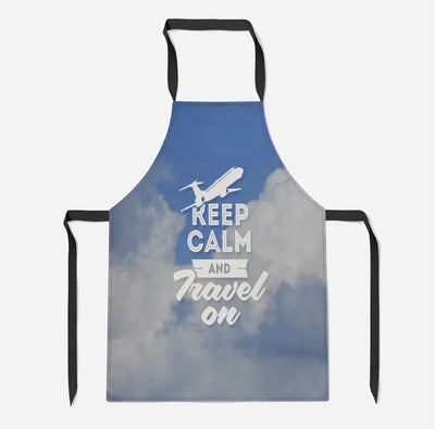 Keep Calm and Travel On aviation design on durable cotton blend kitchen apron.