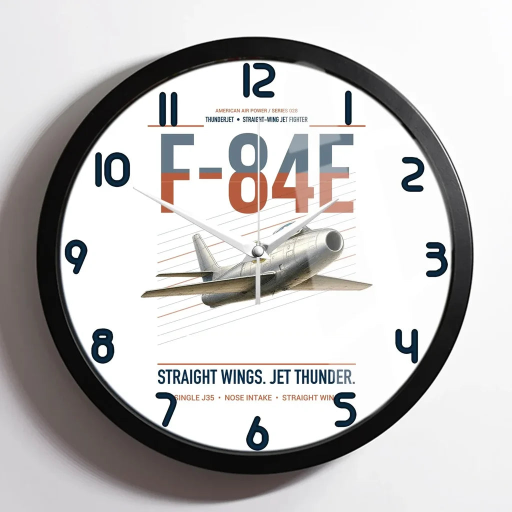 F-84E Thunderjet design on white framed wall clock
