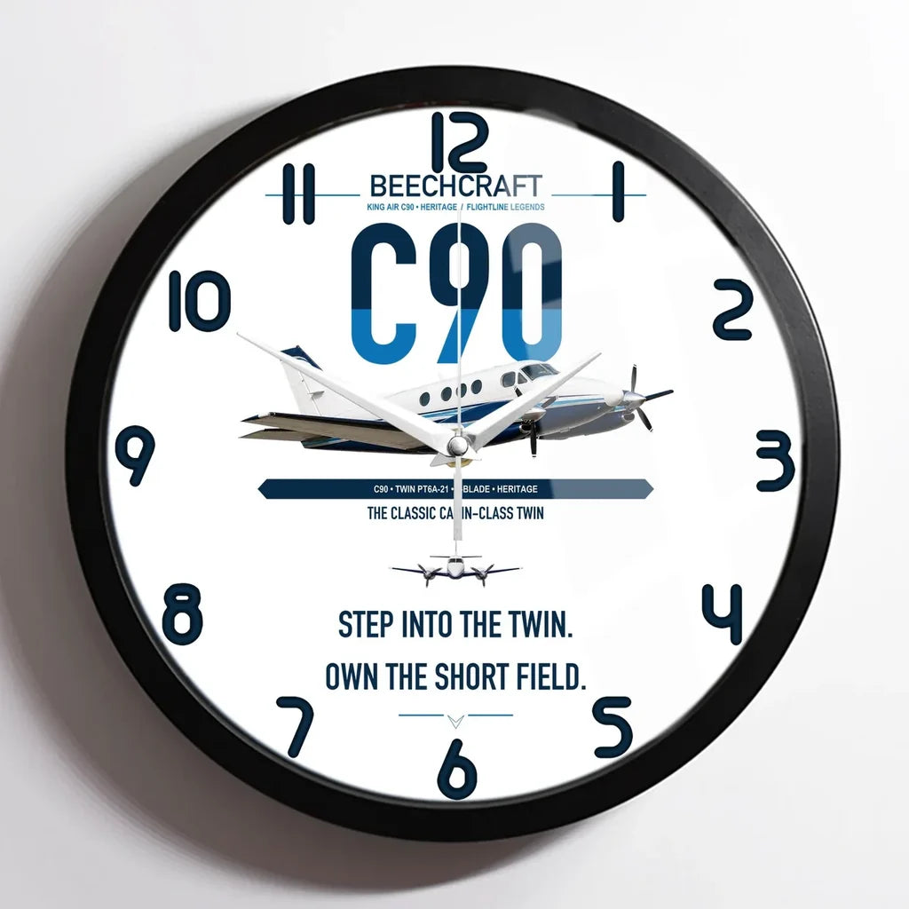 Beechcraft King Air C90 design on white framed wall clock