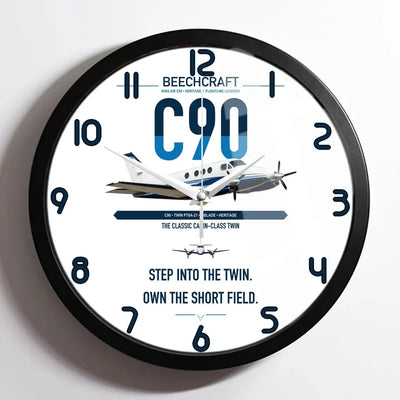 Beechcraft King Air C90 design on white framed wall clock