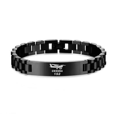 The Cessna 152 aviation chain bracelet, stainless steel body with engraved detail.