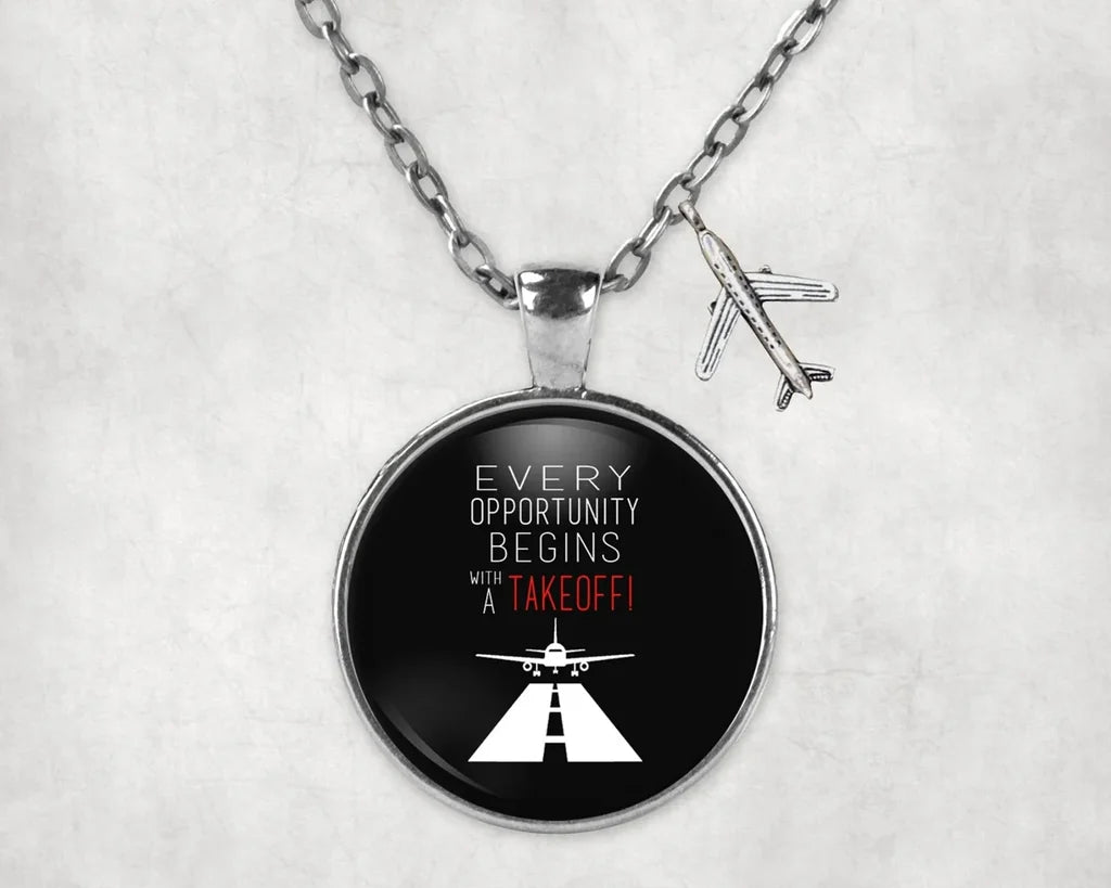 Every Opportunity aviation-themed necklace, polished stainless steel.