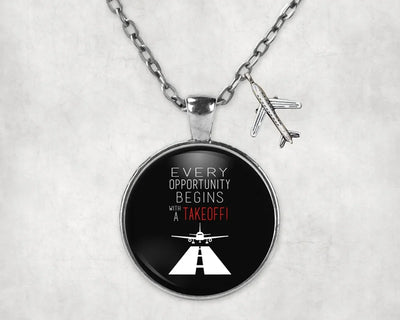Every Opportunity aviation-themed necklace, polished stainless steel.