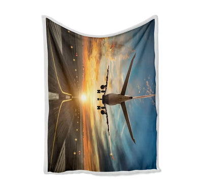 Airplane over Runway Towards the Sunrise Bed Blankets & aviation print on soft fleece blanket.