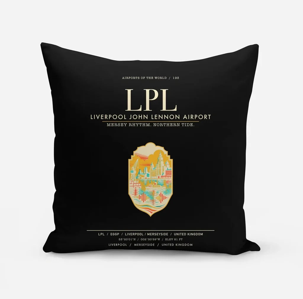 Liverpool John Lennon Airport (LPL) design on black pillow