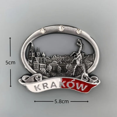 Krakow, Poland 3D Metal Fridge aviation design 3D metal magnet sticker in 3D metal with magnetic back.