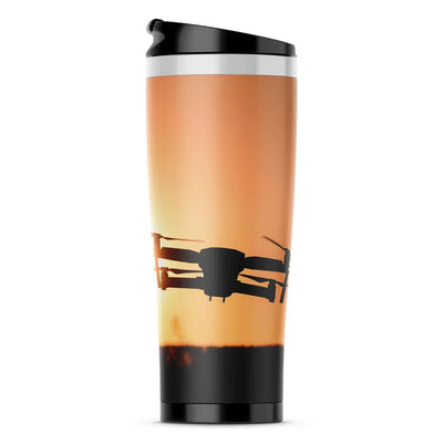 Amazing Drone in Sunset aviation design on travel mug no-holder, insulated double-wall.