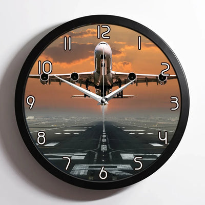 Aircraft Departing from RW30 aviation design on premium wood and metal wall clock.