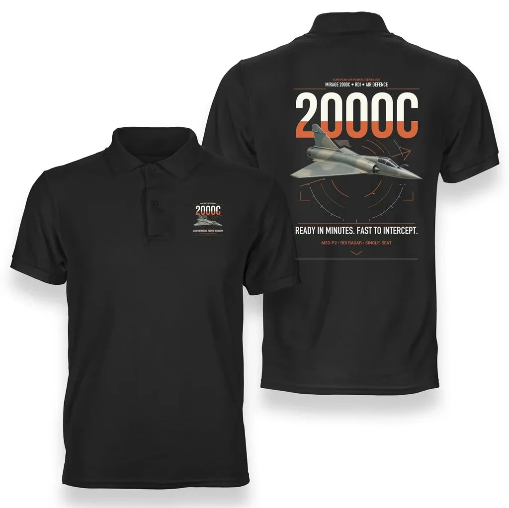 Dassault Mirage 2000C RDI design on black double-side polo t-shirt, double-side print