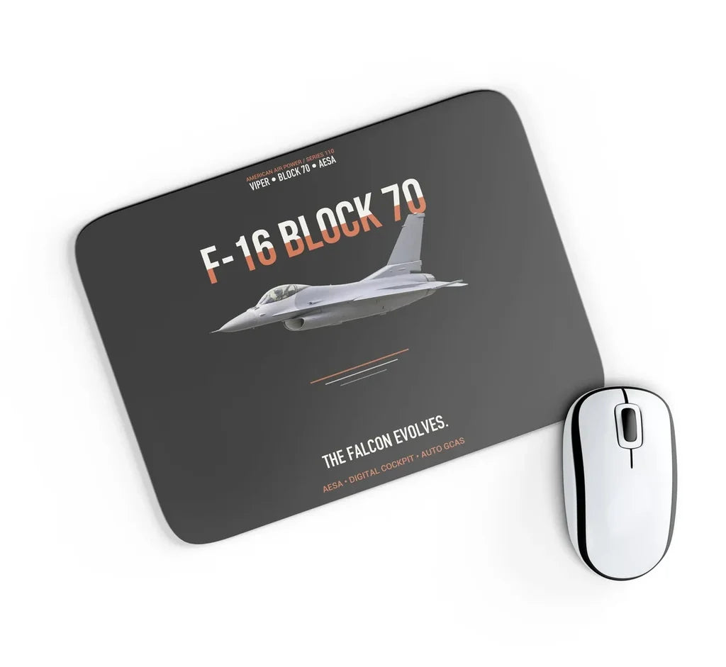 F-16 Block 70 The Falcon Evolves design on black rectangle mouse pad