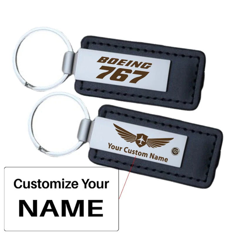 Boeing 767 & Text aviation PU leather key chain in PU faux leather.