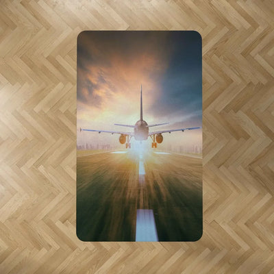 Airplane Flying Over Runway aviation print rectangle carpet floor mat, durable carpet pile with non-slip backing.