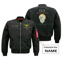 Thumbnail for Chinggis Khaan International Airport (ULN) design on black bomber jacket with custom name patch