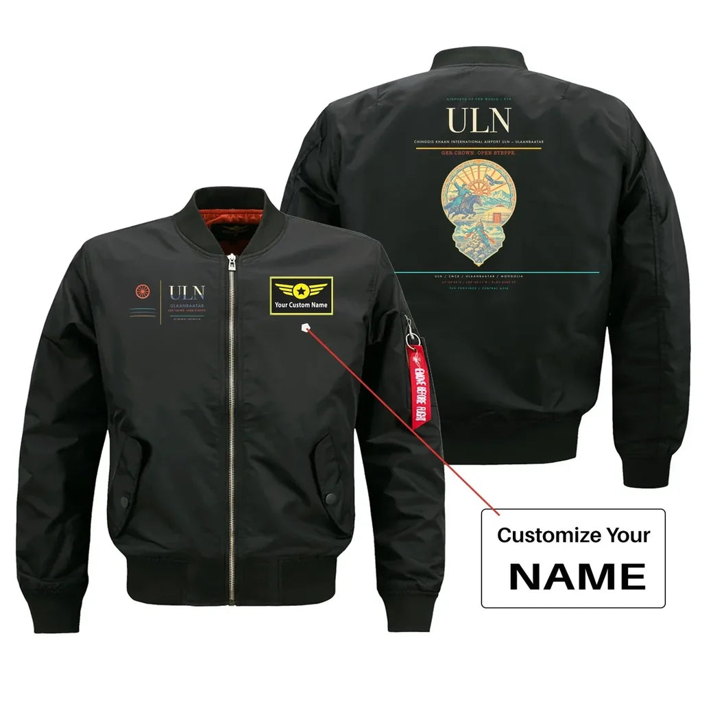 Chinggis Khaan International Airport (ULN) design on black bomber jacket with custom name patch