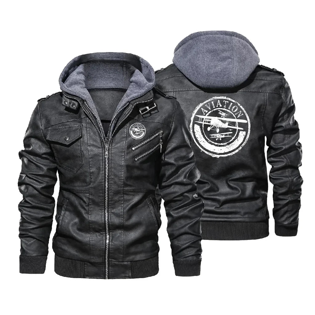 Aviation Lovers aviation design printed on genuine leather with detachable hood hooded leather jacket.