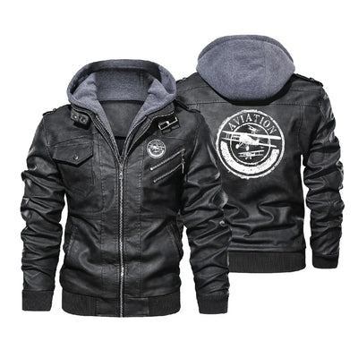 Aviation Lovers aviation design printed on genuine leather with detachable hood hooded leather jacket.