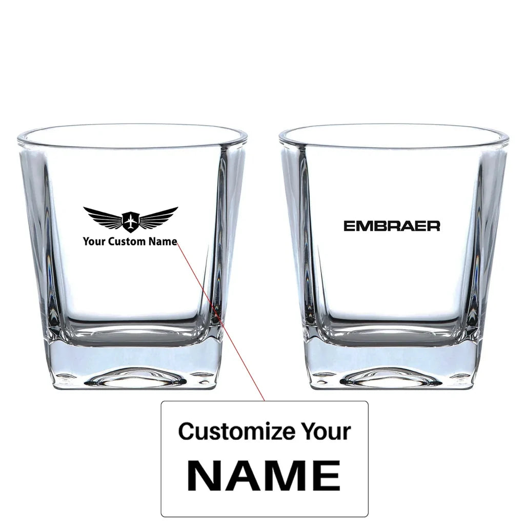 Embraer & Text aviation design on whiskey glass, crystal-clear premium glassware.