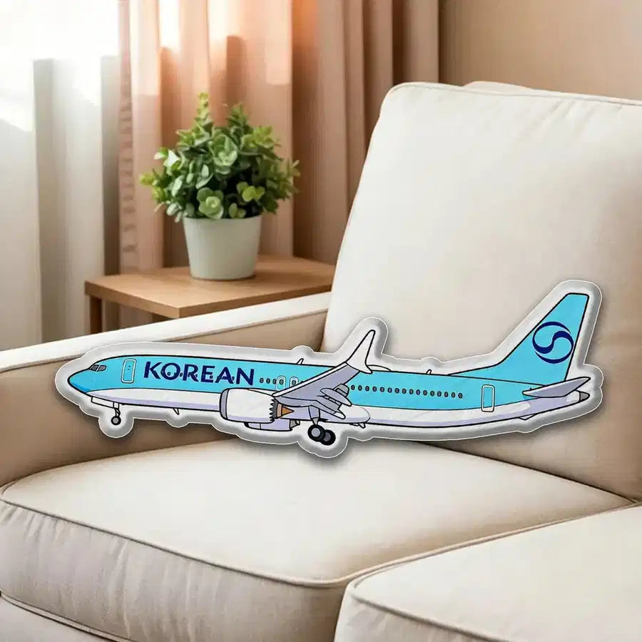 Korean Air Boeing 777 aviation design on soft polyester filling airplane pillow.