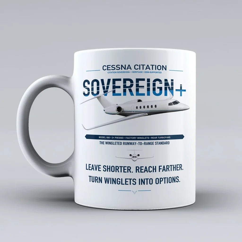 Cessna Citation Sovereign+ design on white ceramic mug, double-side print