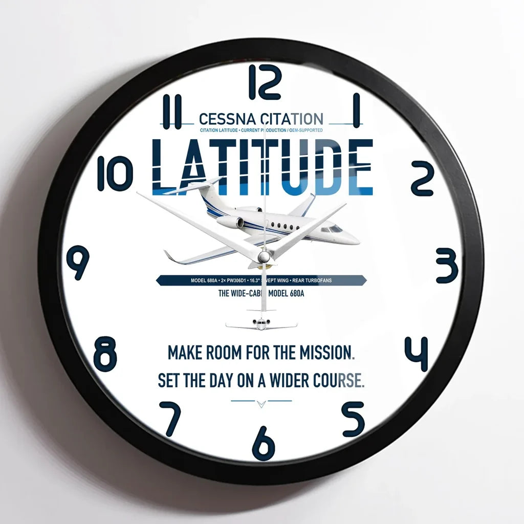 Cessna Citation Latitude design on white framed wall clock