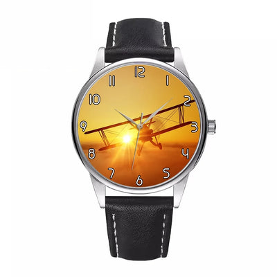 Side view of Flying is an Adventure aviation watch with leather strap in leather strap, polished finish.