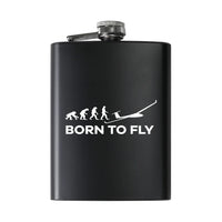 Thumbnail for Born To Fly Glider aviation design on stainless hip flask, compact pocket-size flask.