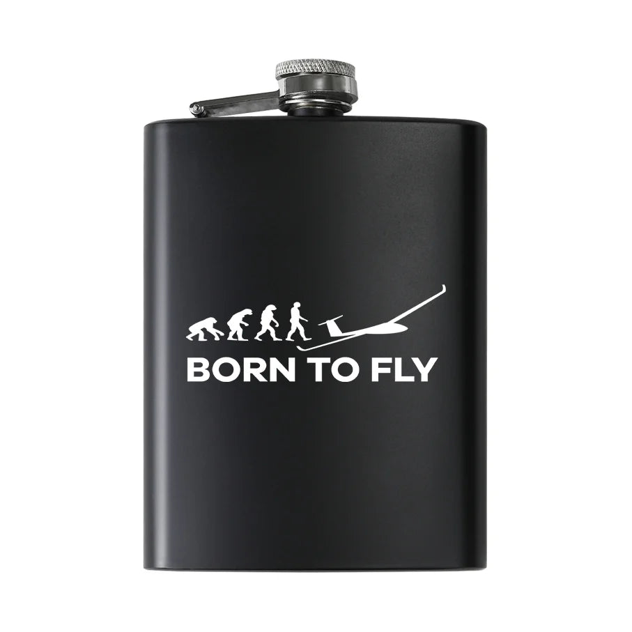 Born To Fly Glider aviation design on stainless hip flask, compact pocket-size flask.