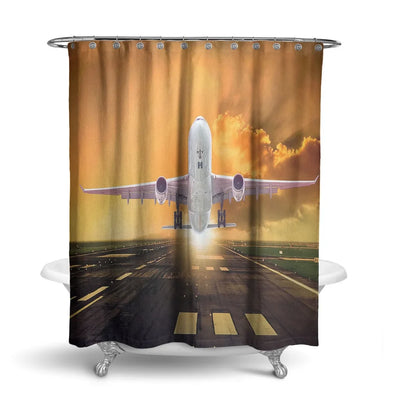 Amazing Departing Aircraft Sunset & Clouds Behind aviation design on waterproof polyester shower curtain.