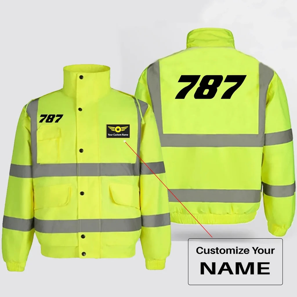 Boeing 787 Flat Text aviation design printed on insulated shell with high-visibility reflective panels reflective winter jacket.