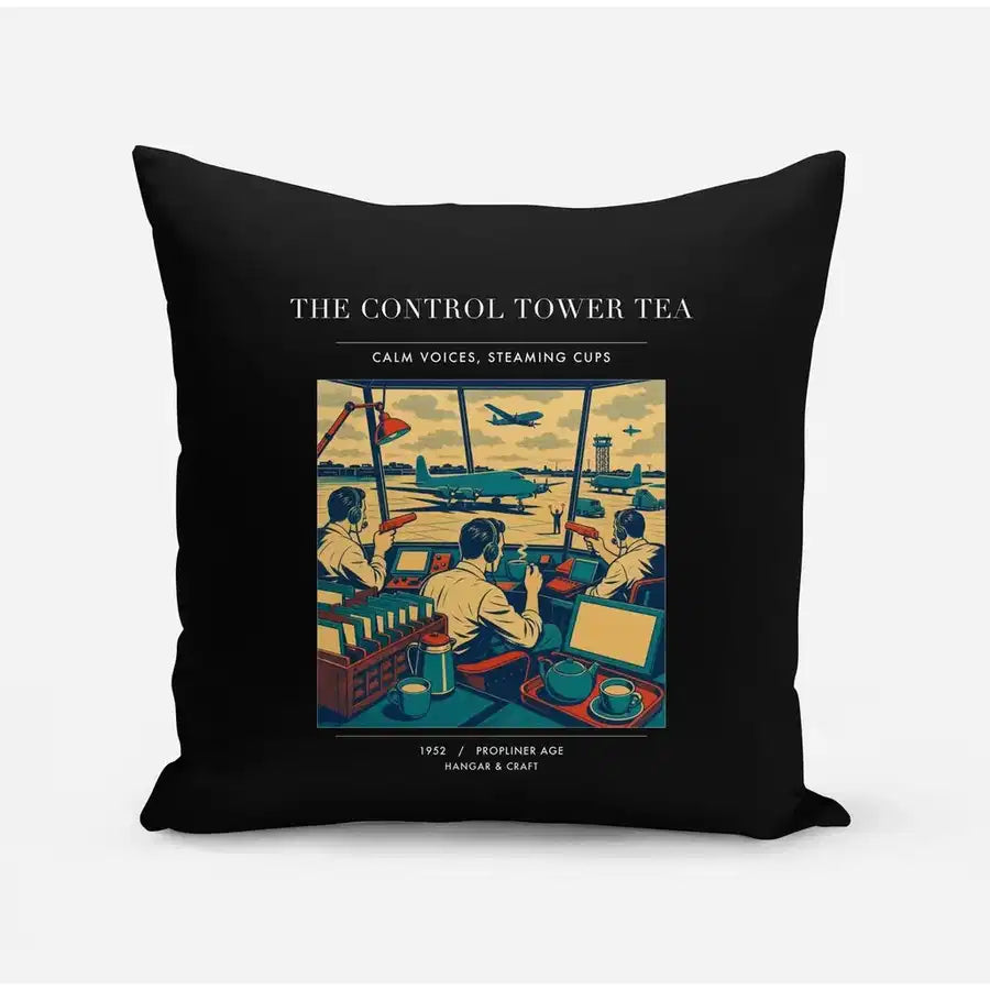 VINTAGE G4375 - The Control Tower Tea - Designed Pillows design on black