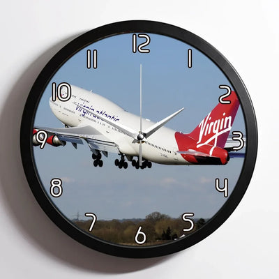 Virgin Atlantic Boeing 747 aviation design on premium wood and metal wall clock.
