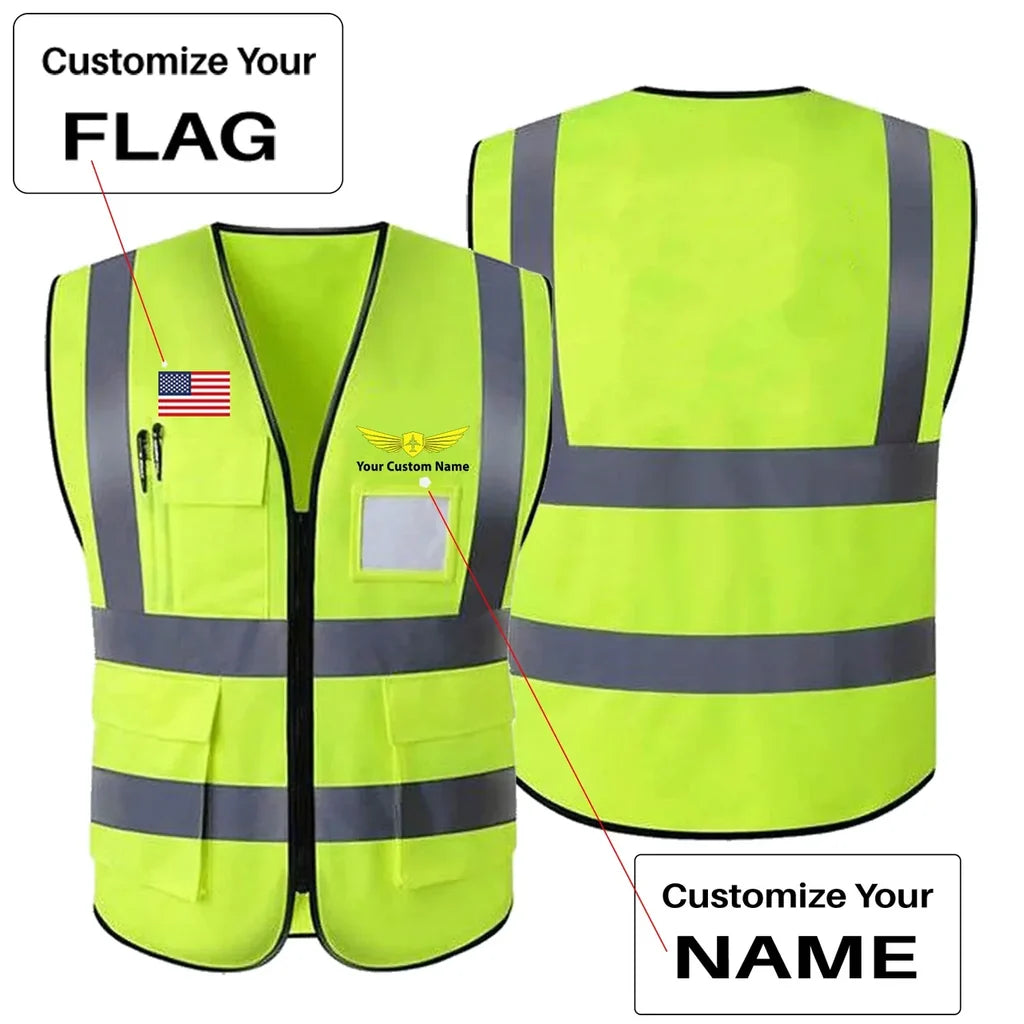 Custom Flag & Name with Badge 2 aviation design printed on high-visibility reflective fabric reflective vest.