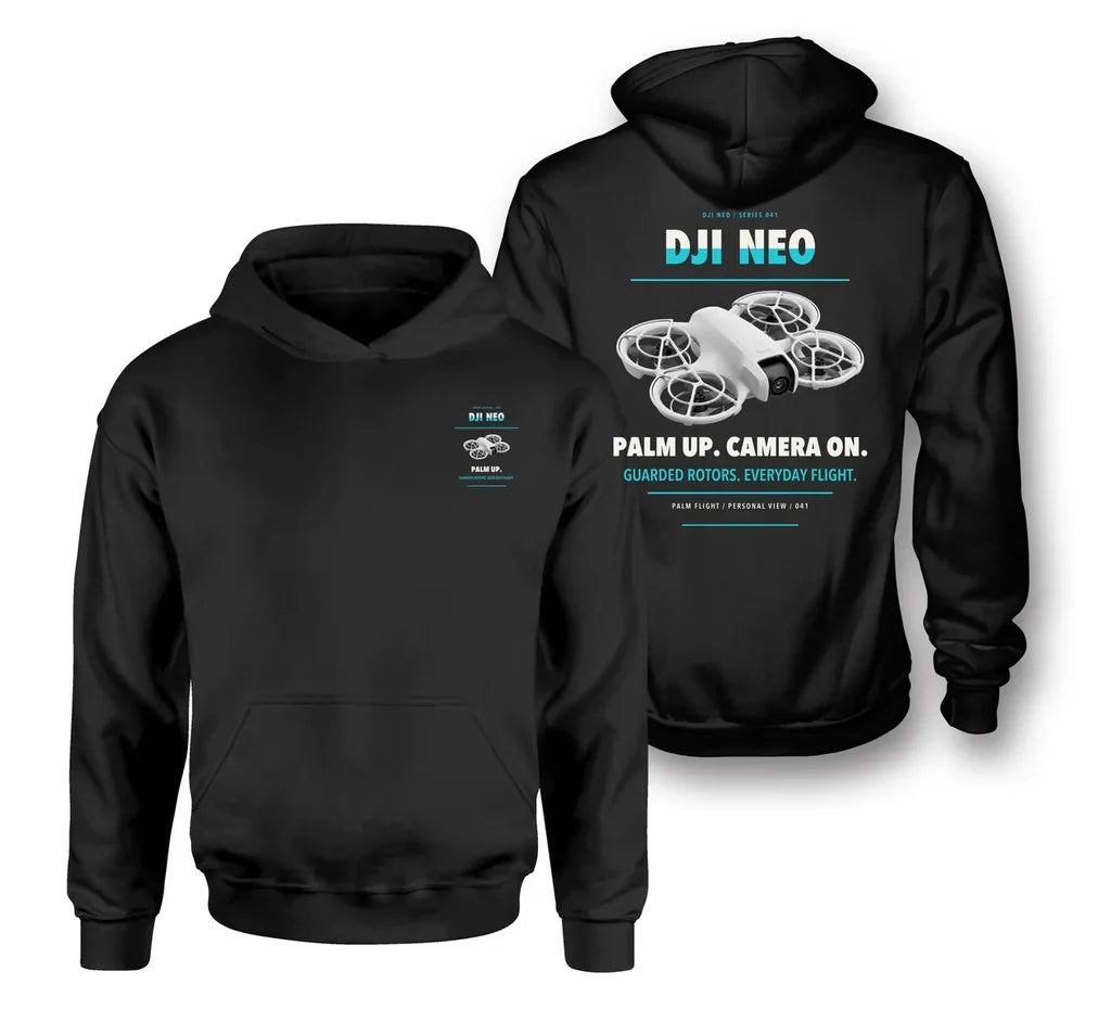 DJI Neo design on black hoodie