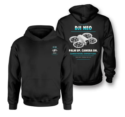DJI Neo design on black hoodie