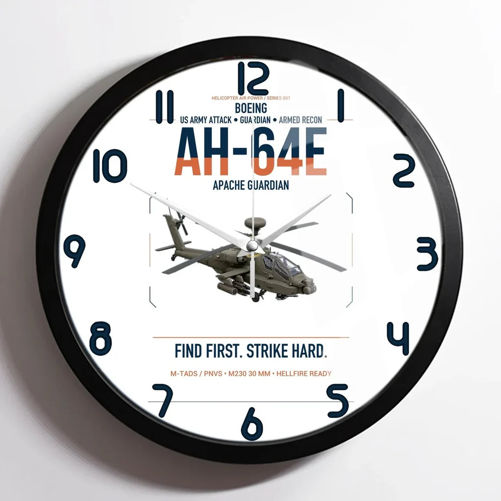 Boeing AH-64E Apache Guardian design on white framed wall clock