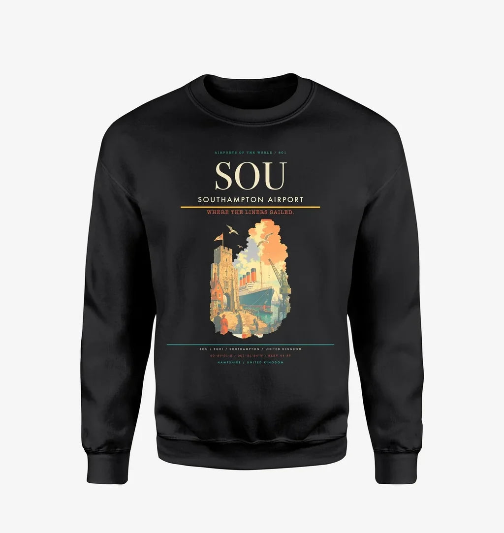 Southampton Airport (SOU) design on black sweatshirt