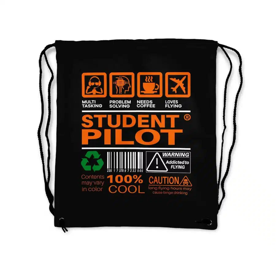 Student Pilot Label aviation design drawstring bag, lightweight polyester construction.