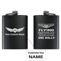 Thumbnail for Flying One Ball aviation design on stainless hip flask, compact pocket-size flask.