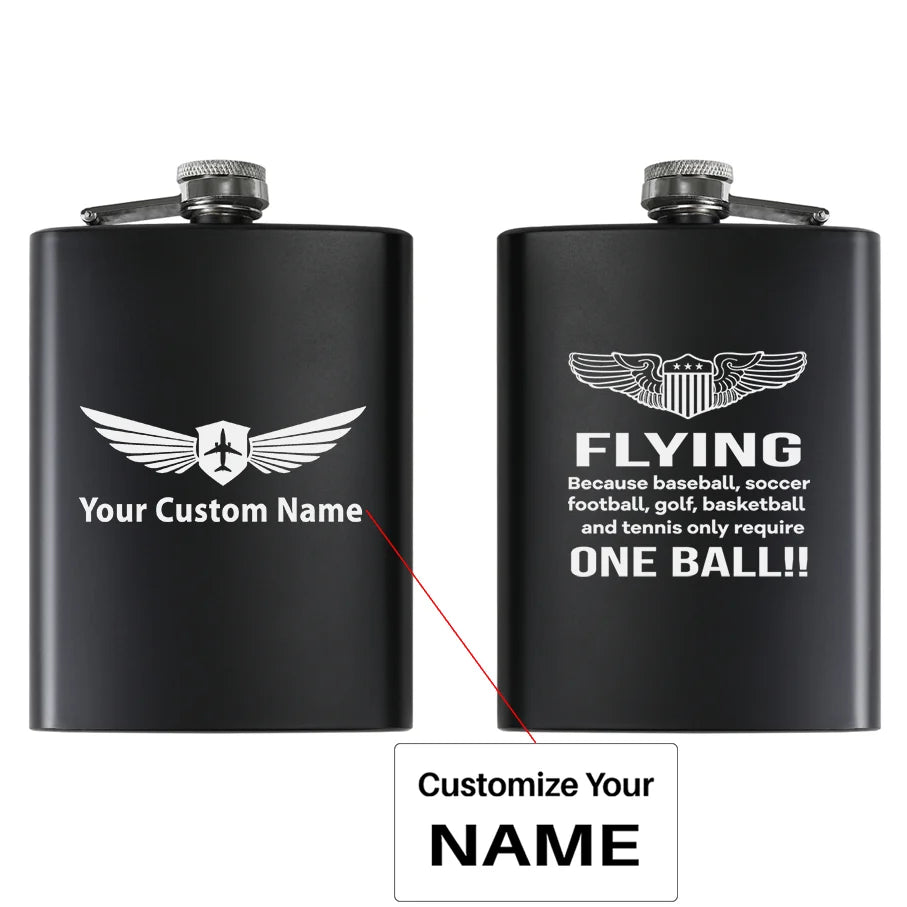 Flying One Ball aviation design on stainless hip flask, compact pocket-size flask.