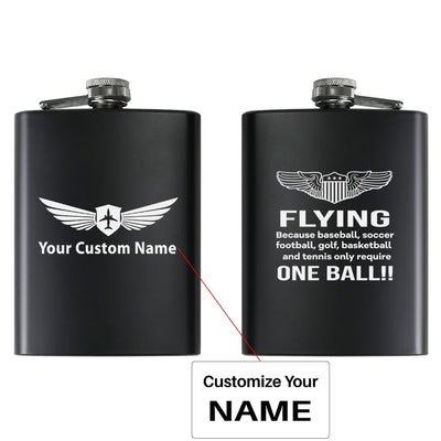 Flying One Ball aviation design on stainless hip flask, compact pocket-size flask.
