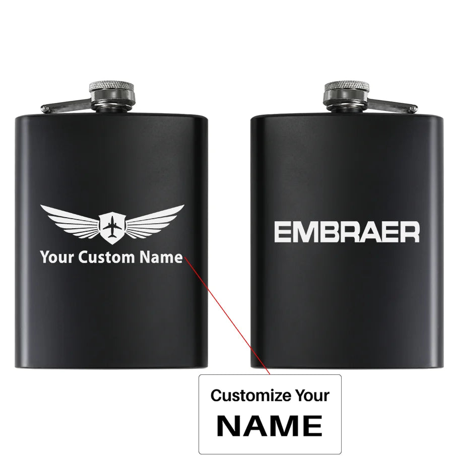 Embraer & Text aviation design on stainless hip flask, compact pocket-size flask.