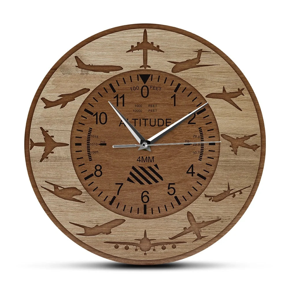 Amazing Altitude & Airplane Silhouettes aviation design on premium wood wooden wall clock.