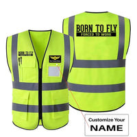 Thumbnail for Born To Fly Forced To Work aviation design printed on high-visibility reflective fabric reflective vest.