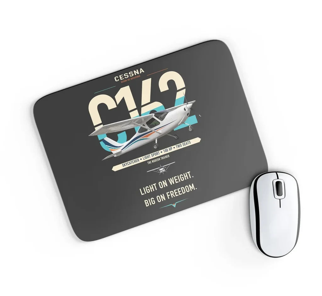 Cessna 162 Skycatcher design on black rectangle mouse pad