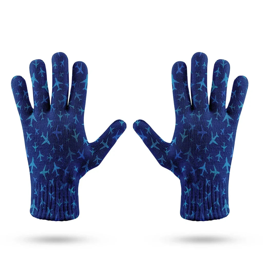 Many Airplanes Blue aviation design on soft knit fabric gloves.
