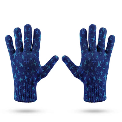 Many Airplanes Blue aviation design on soft knit fabric gloves.