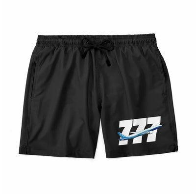 Super Boeing 777 aviation design on quick-dry polyester swim trunks.