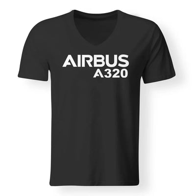 Airbus A320 & Text aviation design printed on soft cotton V-neck T-shirt.