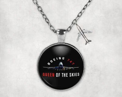 Side view of Boeing 747 Queen of the Skies aviation necklace in stainless steel, polished finish.